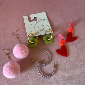 Urban Outfitters Pink Pom-Pom and Red Heart Earrings